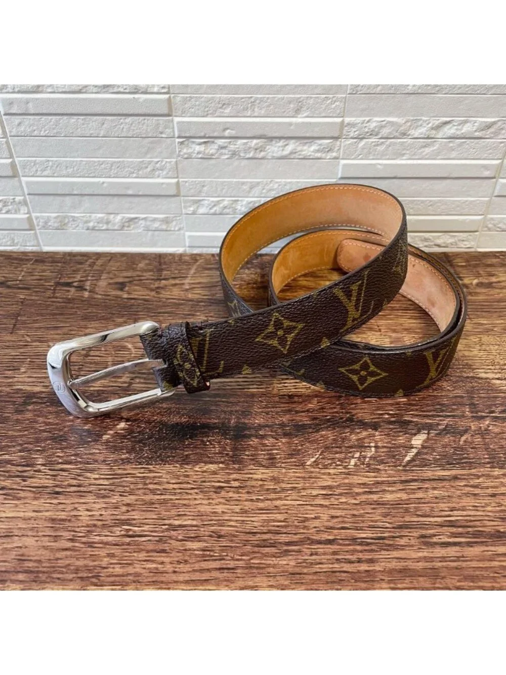 Louis Vuitton Monogram Leather Ceinture Belt Silver Brown